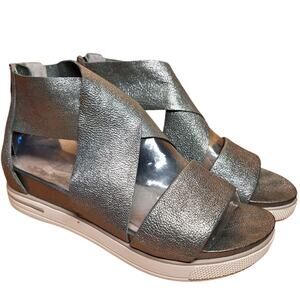 Eileen Fisher Sport Criss Cross Tumbled Leather Banded Platform Sandals silver